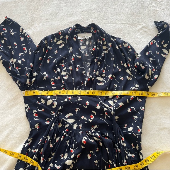 ba&sh Silia Shirred Floral-Print Crepe Dress in Marine LARGE - Picture 7 of 9